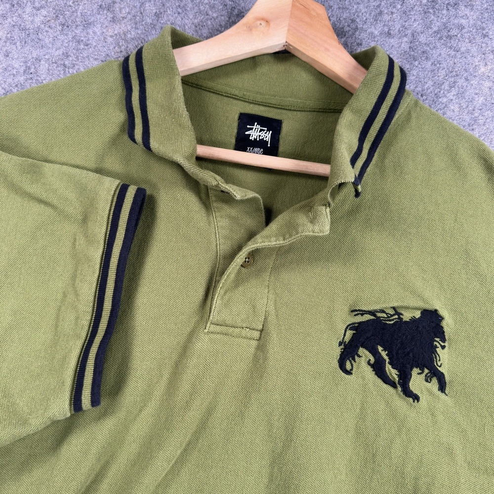 Stussy Polo Shirt Mens 2XL Green Embroidered Lion Short Sleeve Streetwear